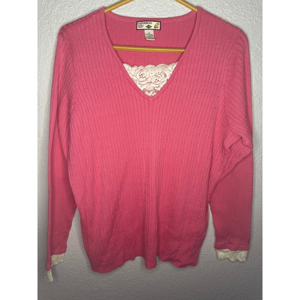 Lace Trim Caribbean Joe Ribbed V-Neck Sweater Womens 1X Pink Excellent